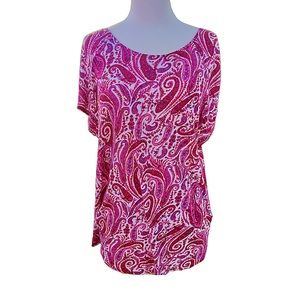 💖 Lucky Brand Linen-Blend Magenta/White Paisley Print Short-Sleeved Blouse